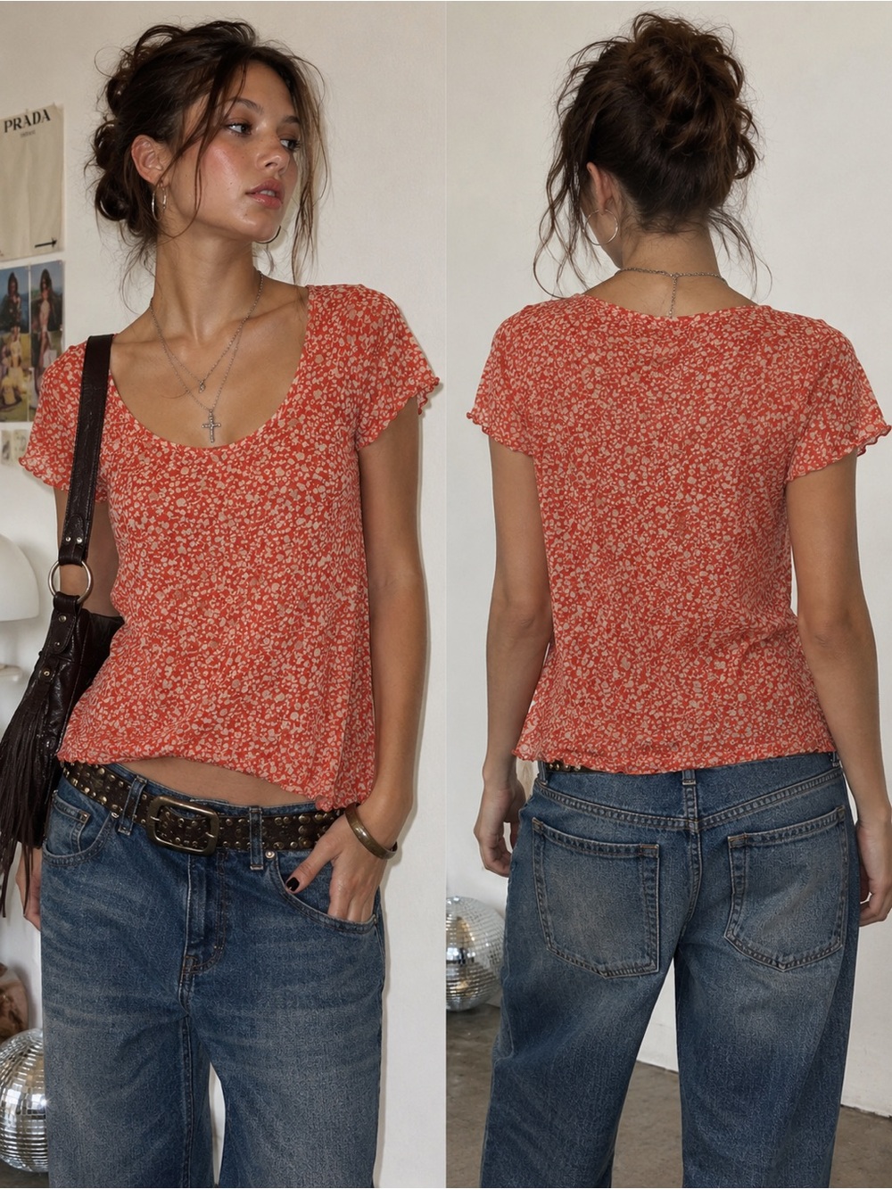 Marc by Marc Jacobs Short Sleeve Floral Scoop Neck Top - Coral and Cream